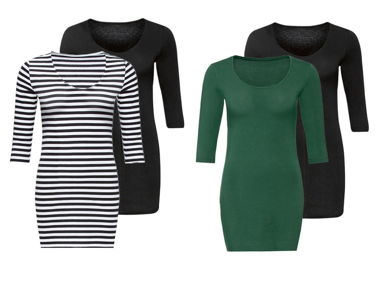 Drei Damen-T-Shirts mit langen Ärmeln: Schwarz, gestreift und grün.