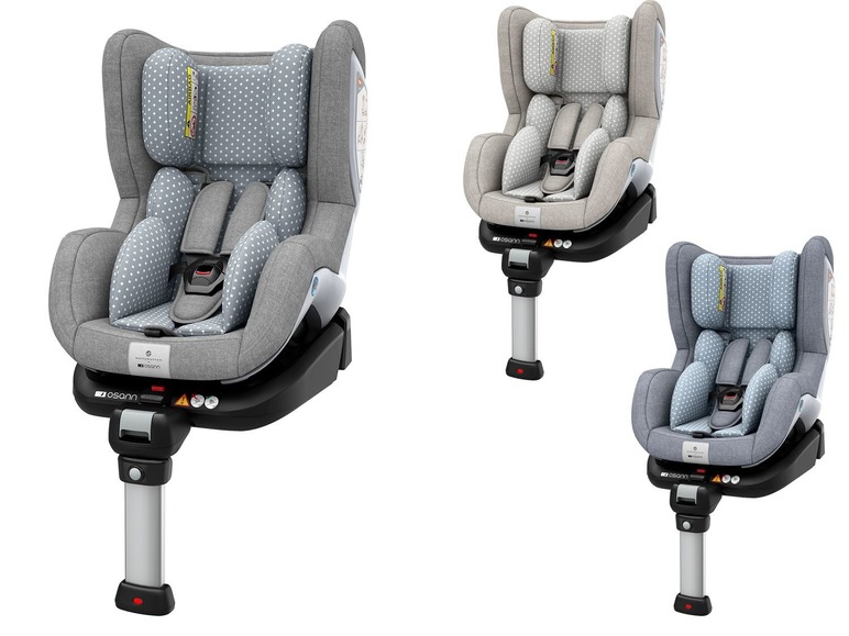 Drei Osann Autositze mit Punkte-Muster.