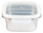 Eine quadratische Edelstahl-Lunchbox mit durchsichtigem Deckel.