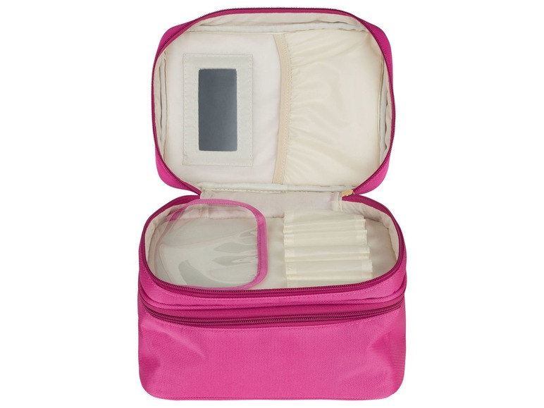 Eine rosa Kosmetiktasche mit Spiegel und Fächern.