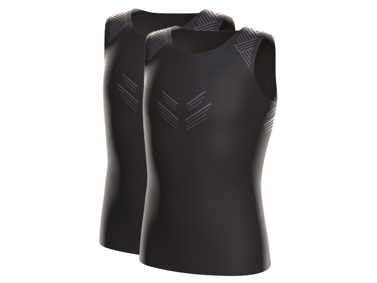 Zwei schwarze Sport-Tanktops mit geometrischem Muster.