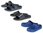 Schwarze Sandalen mit Schließen, blaue Sandalen und blaue Clogs.