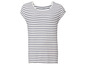 Weiß-blaues gestreiftes Kleid mit kurzen Ärmeln.