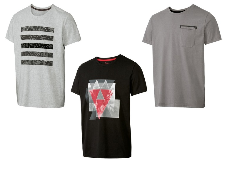 Drei T-Shirts mit verschiedenen Drucken, darunter eines mit einem topografischen Muster