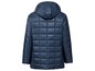 Eine dunkelblaue gesteppte Jacke mit Kapuze.