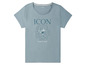 Ein blaues T-Shirt mit dem Schriftzug 'ICON' und einem Blumendruck.