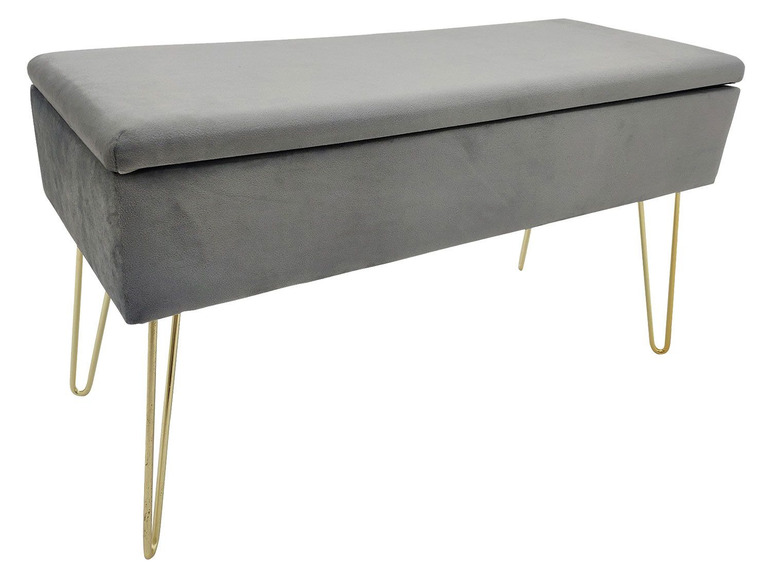 Graue Samtbank mit goldenen Beinen und Stauraum.