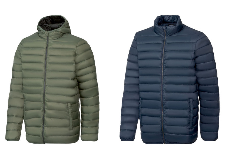Zwei gesteppte Winterjacken, eine grüne mit Kapuze und eine blaue.