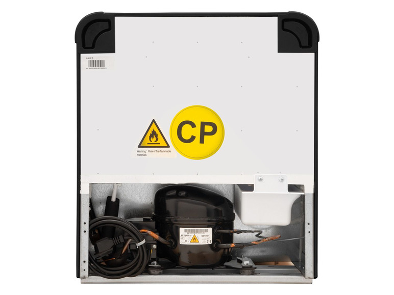 Rückseite eines Kühlschranks mit Kompressor und einer Warnung vor brennbaren Materialien.