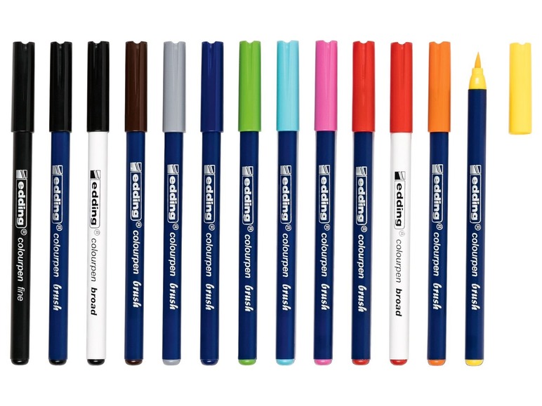 Sortiment Edding-Farbstifte mit Pinselspitze, darunter eine breite und eine feine Spitze.