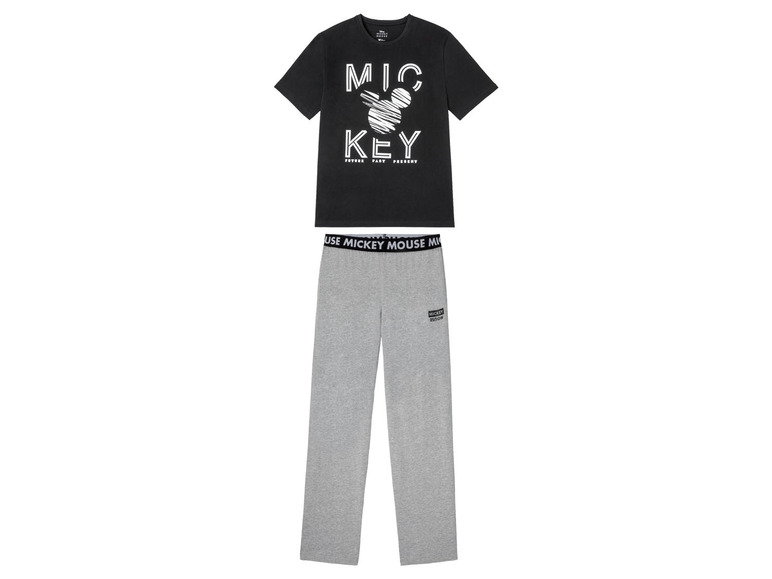 Mickey Mouse Pyjama mit schwarzem T-Shirt und grauer Hose.