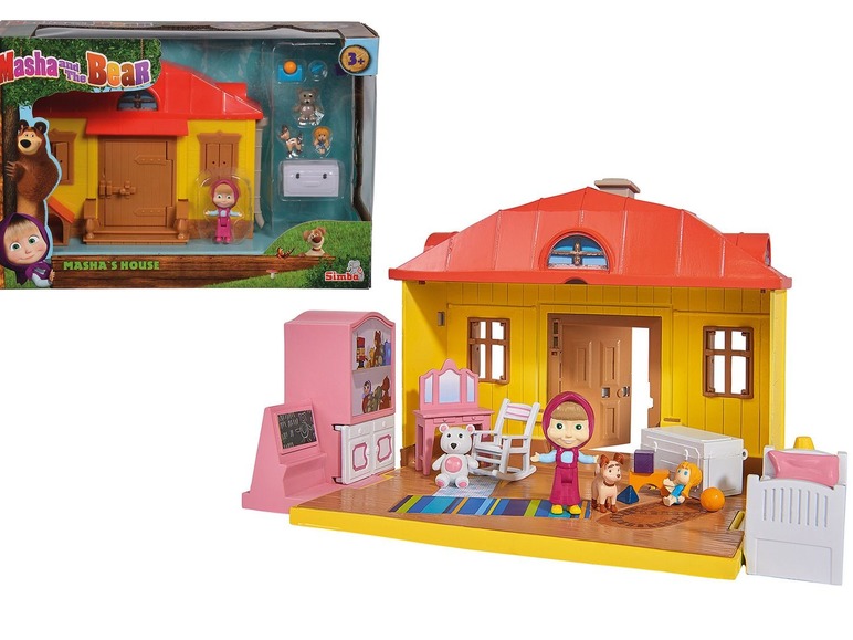 Masha und der Bär Spielhaus mit Figuren von Masha, dem Bären und Zubehör.
