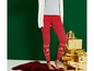 Rote Weihnachtsleggings mit Rentier-Muster und goldenen Geschenken.