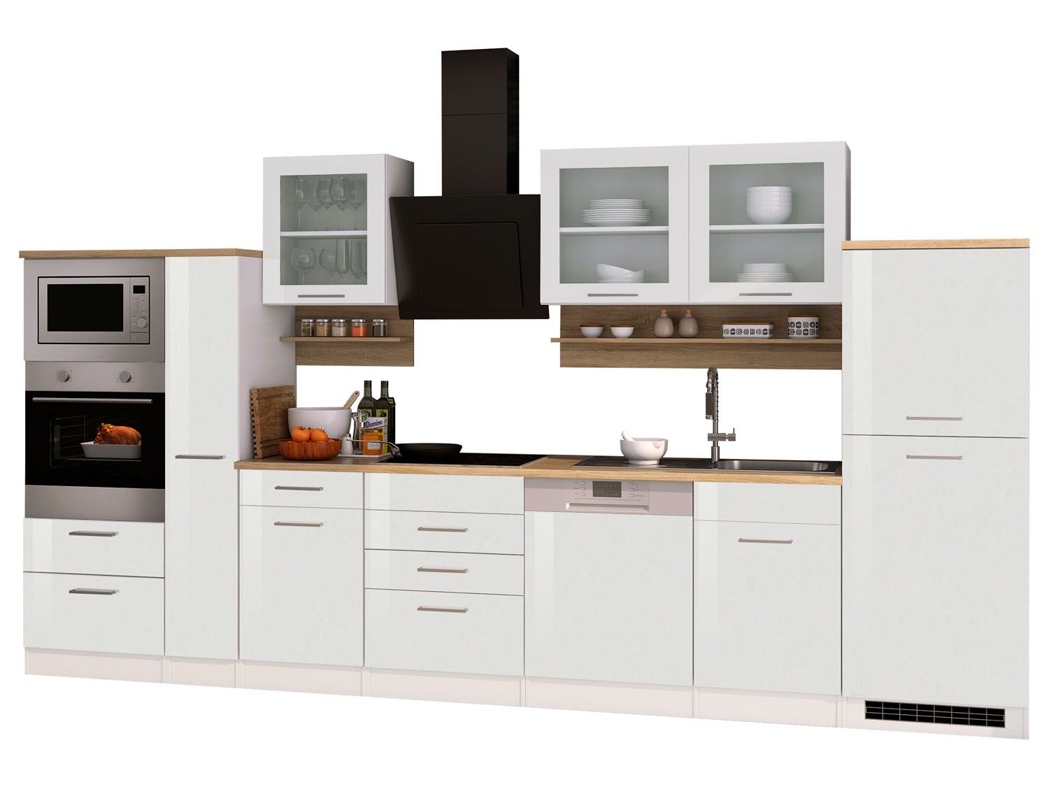 HELD Küchenzeile Mailand 220-390cm (inkl. E-Geräte, Hochglanz-weiß/eiche sonoma, 370 cm) | 04251639434698