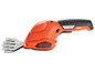 Eine orangefarbene Black+Decker Heckenschere mit Lithium-Ionen-Akku.