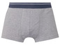 Graue Boxershorts mit blauem Bund.