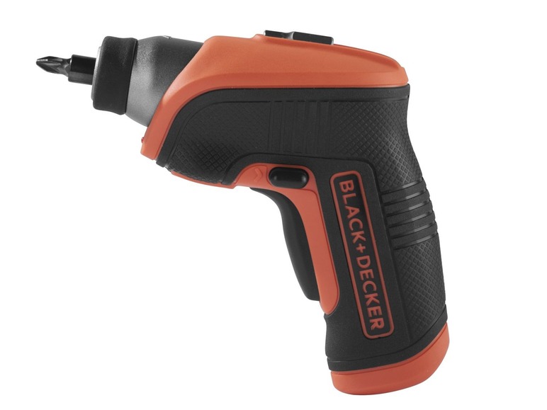 Ein orangefarbener und schwarzer Black+Decker Schraubendreher.