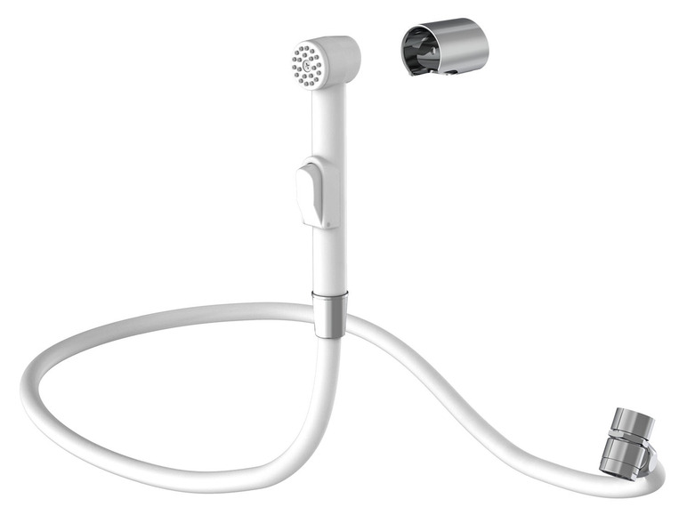 Ein weißer Duschkopf mit Schlauch und einer verchromten Verbindung.
