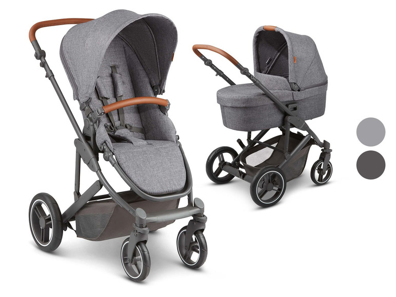 Ein grauer Kinderwagen mit Sitz- und Liegeposition.