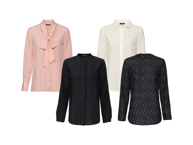 Vier Blusen mit langen Ärmeln: eine weiße, eine rosa mit Schleife, eine schwarze und eine schwarze mit weißen Punkten.