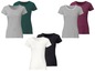 Sechs Damen-T-Shirts in verschiedenen Farben und Stilen.