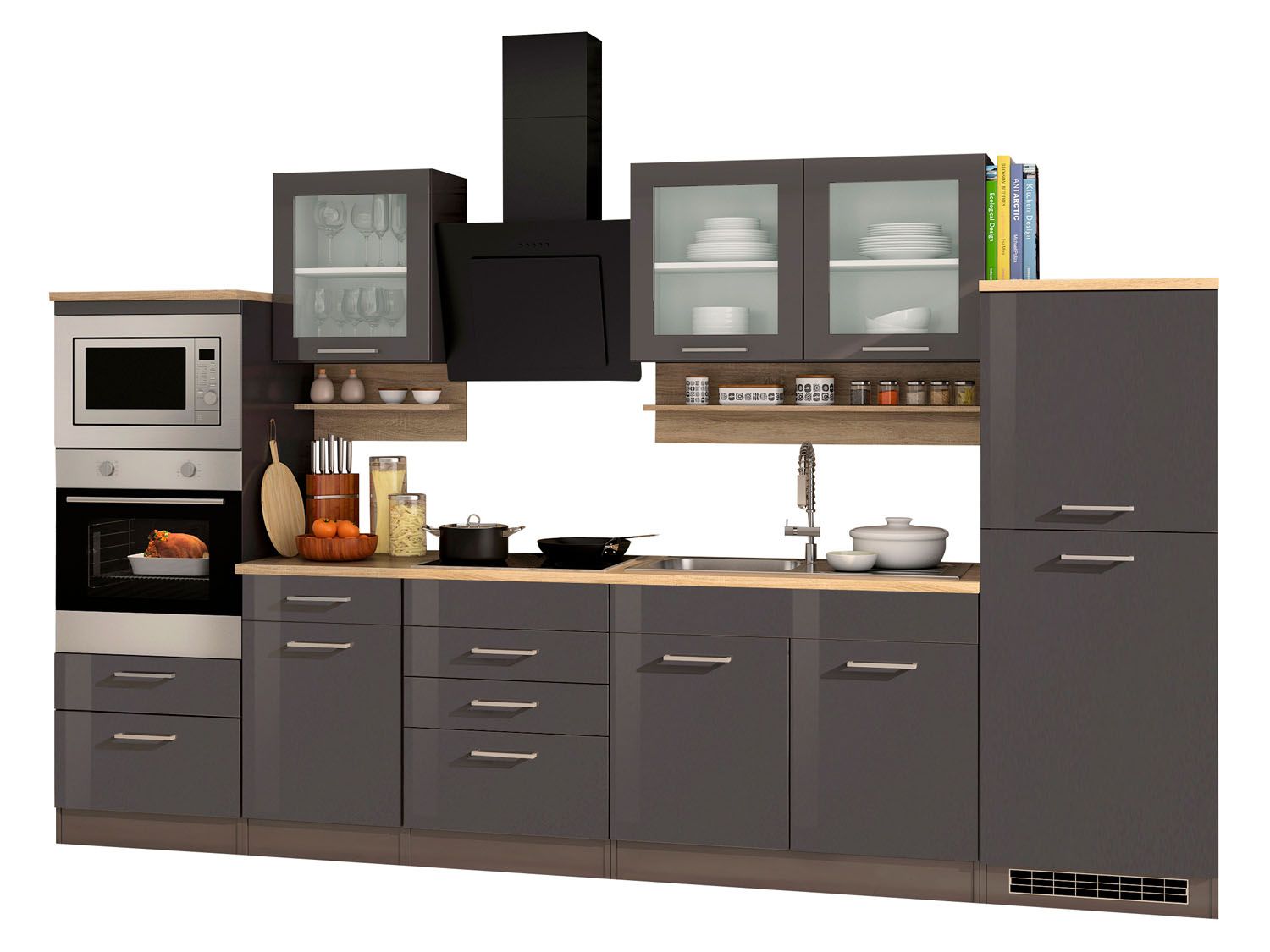 HELD Küchenzeile Mailand 220-390cm (inkl. E-Geräte/mit Mikrowelle, Hochglanz-grau/eiche sonoma, 330 cm) | 04251639434629