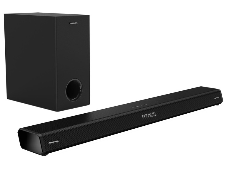 Ein schwarzer Soundbar und Subwoofer von Grundig mit Atmos-Technologie.