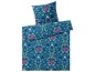 Dunkelblaue Bettwäsche mit Vogel- und Blumenmuster.