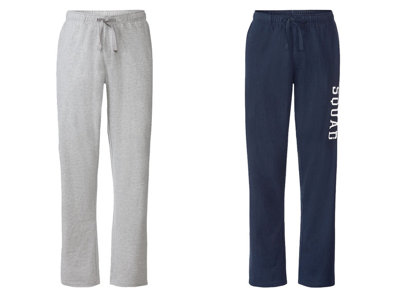 Zwei Jogginghosen, eine grau und eine dunkelblau mit 'SQUAD' Schriftzug.