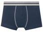 Ein Paar dunkelblaue Boxershorts mit einem grauen Bund.