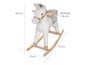 Weißes Plüsch-Einhorn Schaukelpferd mit Holzgestell.