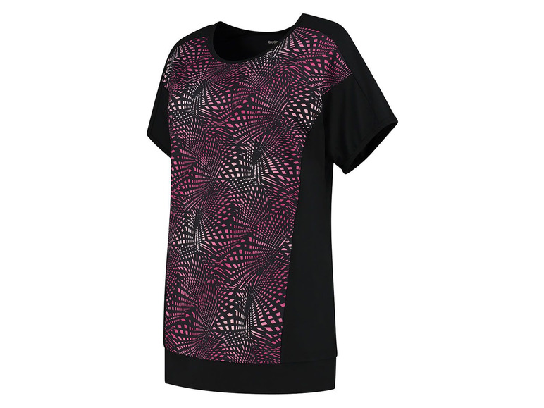 Schwarzes T-Shirt-Kleid mit rosafarbenem geometrischen Muster.