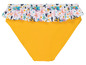 Gelber Bikini mit weißem Rüschenbesatz und Fisch- und Muschelprint