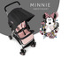 Ein schwarzer und rosafarbener Kinderwagen mit Minnie Mouse-Design.
