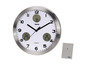 Eine silberne Wanduhr mit digitalem Thermometer und Hygrometer von Hama.