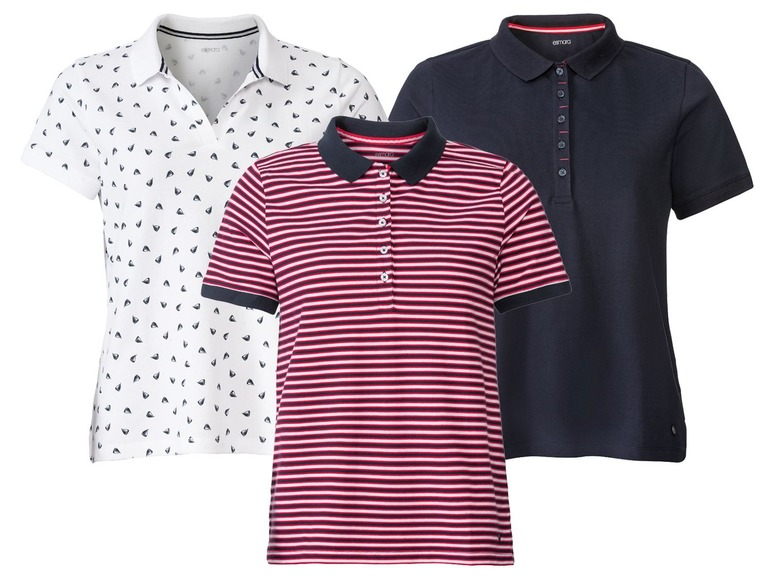 Drei Esmara Poloshirts: eines mit Herzen, eines mit Streifen und eines einfarbig dunkelblau.