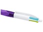 Ein violetter Bic Vierfarbenstift mit blauer, grüner und rosa Tinte.
