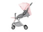 Ein rosa und grauer Kinderwagen mit Rädern.