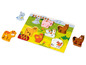 Holzpuzzle mit Bauernhoftieren, darunter Kuh, Schwein, Pferd und Schaf.