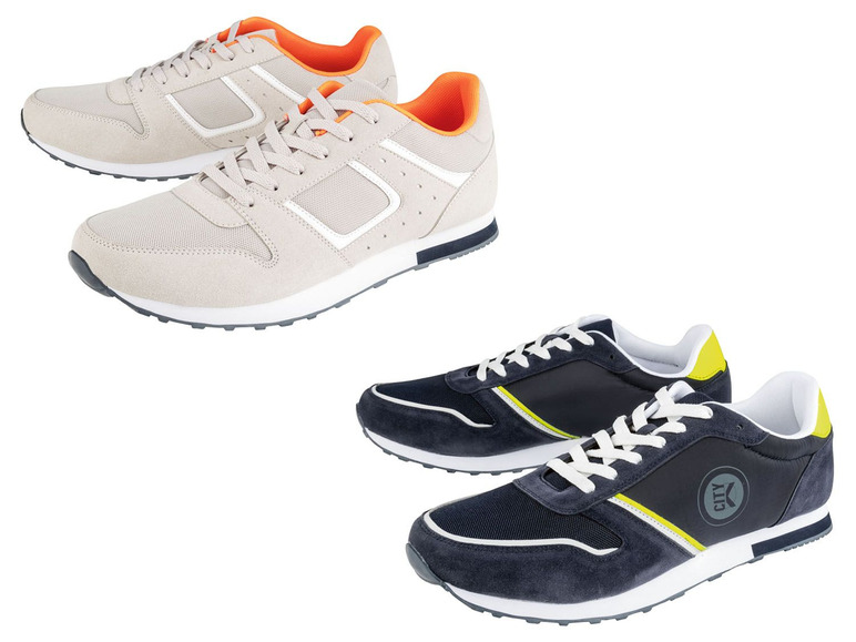 Beige und dunkelblaue Sneaker mit weißen Schnürsenkeln