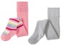 Zwei Paar Mädchenstrumpfhosen in rosa und grau.