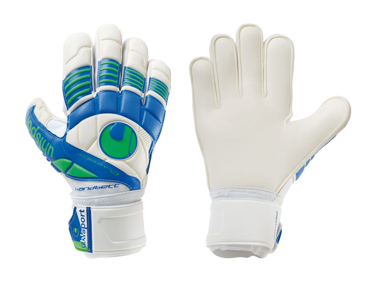 Ein Paar blaue und weiße UniSport Handballhandschuhe
