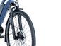 Nahaufnahme eines blauen E-Bikes mit einer Federgabel und einer Scheibenbremse.