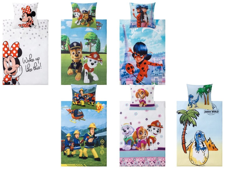 Bettwäsche mit Mickey Mouse, Paw Patrol, Miraculous und Jurassic World.