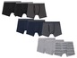 Sechs Boxershorts mit verschiedenen Mustern, darunter einfarbig schwarz, gestreift und kariert.