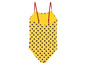 Gelber Badeanzug mit schwarzen Punkten.