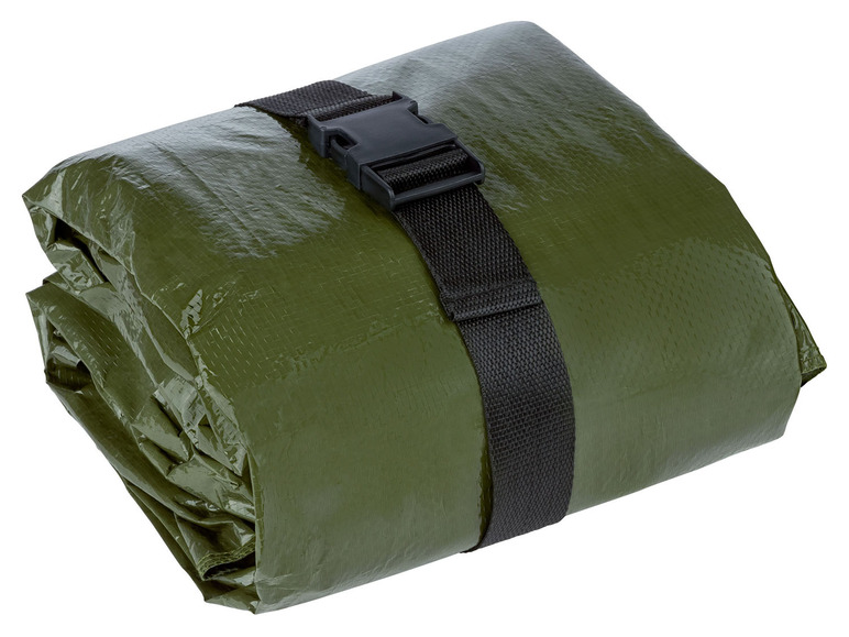 Ein grünes, faltbares Zelt mit einer schwarzen Schnalle.