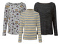 Drei Esmara Langarmshirts mit Blumenmuster, Streifen und unifarbenem Grau.