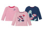 Drei Baby-Langarmshirts mit Streifen, Blumen und einem Dinosaurier.