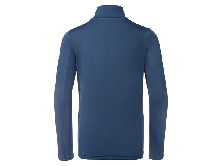 Ein dunkelblaues Langarmshirt mit Stehkragen.